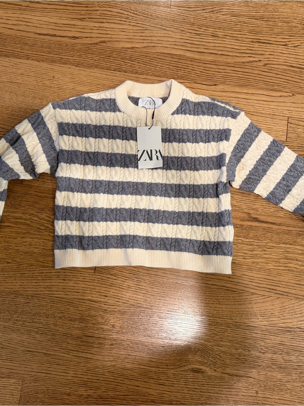 ZARA Cream and Gray Striped Cable-Knit Crewneck Sweater